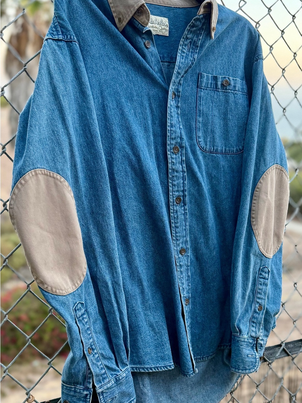 Cabela's Blue Denim Men’s Shirt with Tan Elbow Patches Size L